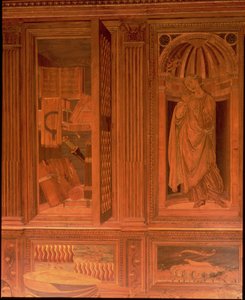 Lo studio di Federigo da Montefeltro, Duca di Urbino: pannelli intarsiati che raffigurano (L) un armadio aperto di libri e (R) Speranza in una nicchia architettonica con strumenti musicali su uno scaffale sottostante